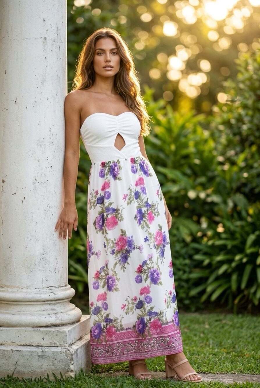 White Birch Floral Strapless Cutout Maxi Dress Size L